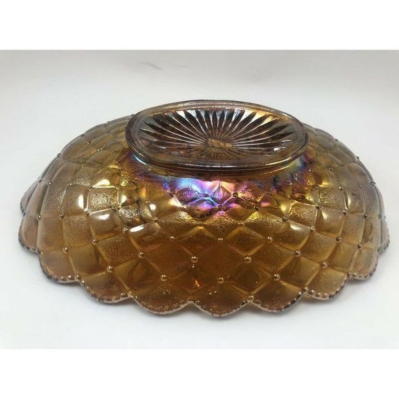 Imperial Pansy Marigold Carnival Glass Dish 8.5" Bowl Quilt Amber‎ Scallop Edge - Picture 9 of 12